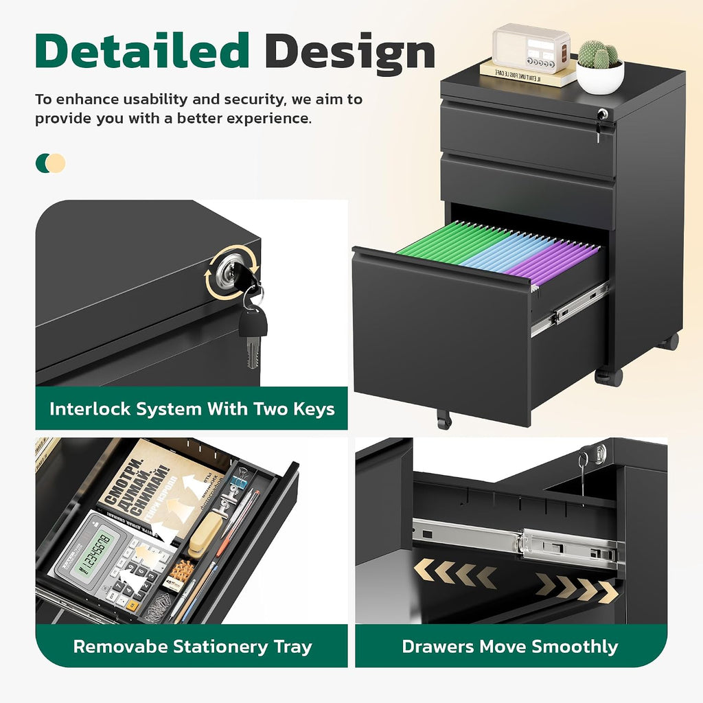 3 Drawer Mobile File Cabinet with Lock, Metal Filing Cabinet on