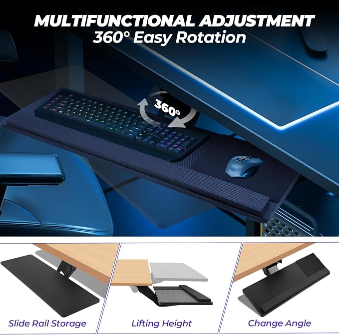 Ergonomic Keyboard Tray Under Desk，Large Size Keypad Tray Holder， 360° - Image 4
