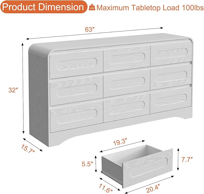 Dresser for Bedroom with 9 Drawers, Wood Closet Clothes Storage Long Dressers - Image 2