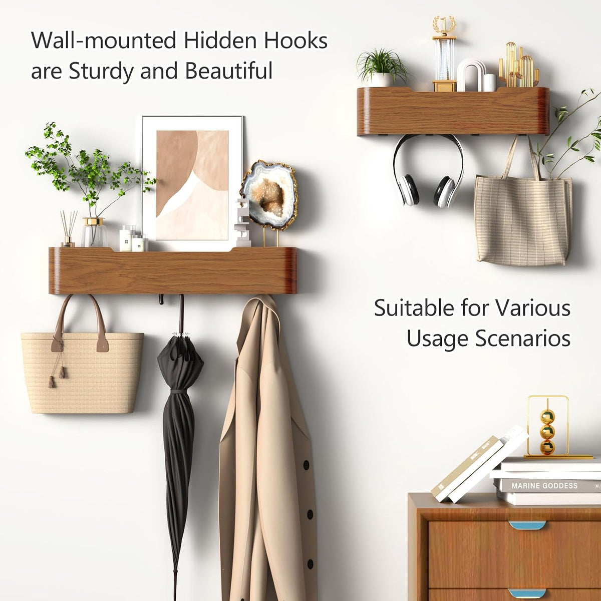 Coat Rack Wall Mount with Hidden Hooks Modern Key Holder Wood Entryway