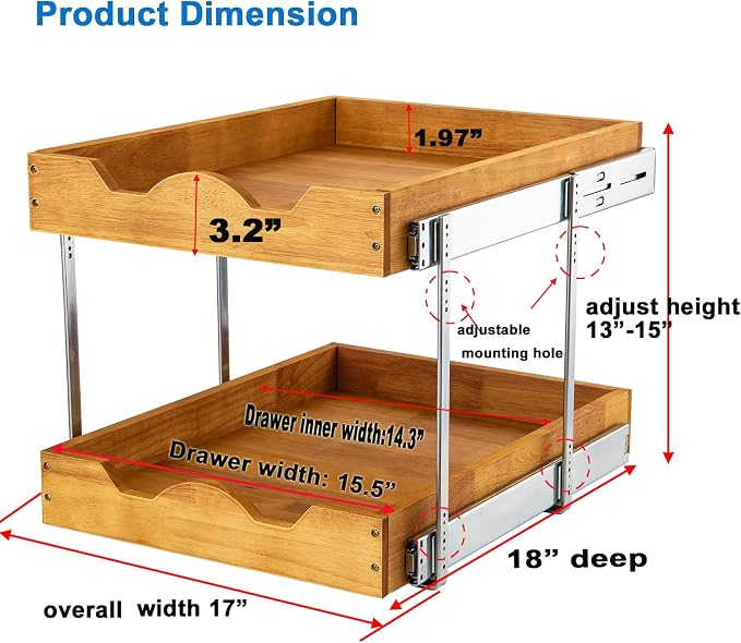 DINDON 2 Tier Wood Pull Out Cabinet Organizer Heavy-Duty Metal Sliding Drawer - Image 2