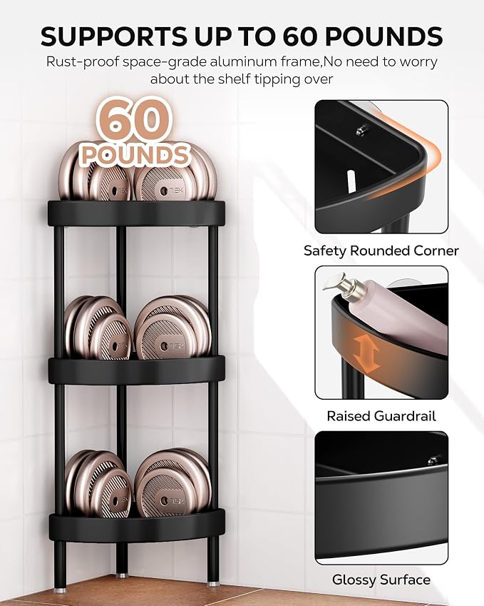 Nieifi Corner Shower Caddy Stand-3 Tier Rustproof Anodized Aluminum Standing - Image 7
