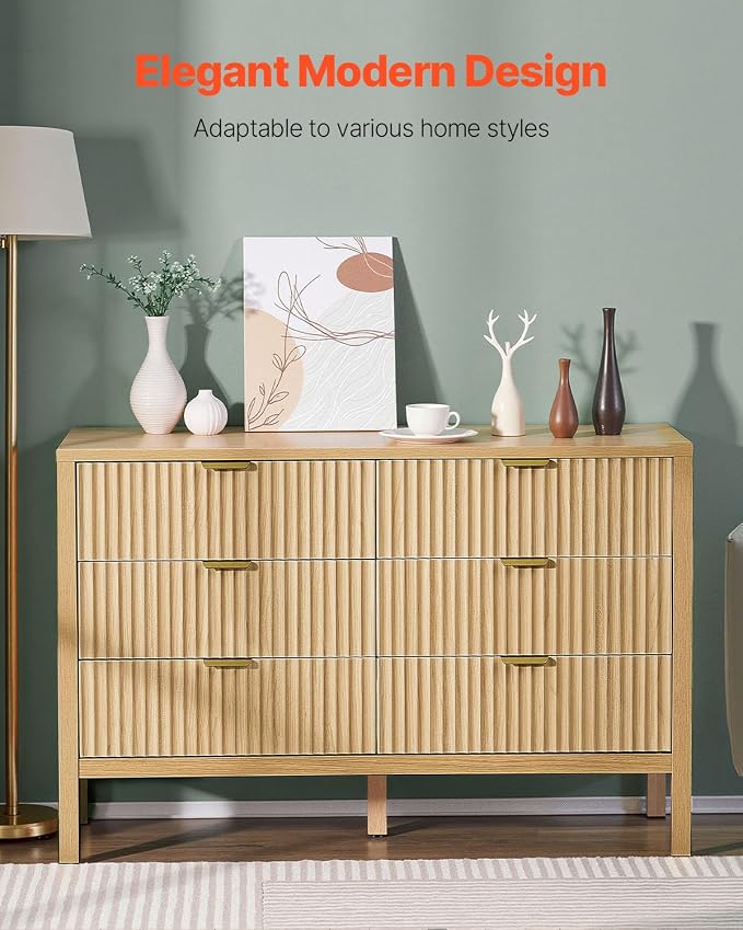 VEVOR Fluted Dresser with 6 Drawer, Modern Closet Dresser TV Stand, Boho Wood - Image 5