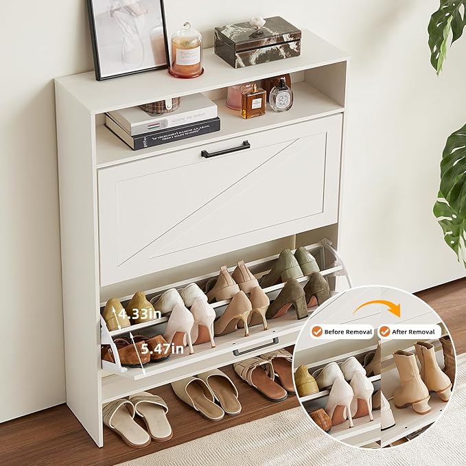 Shoe Storage Cabinet with 2 Flip Drawers, Farmhouse Narrow Shoe Organizer with - Image 3