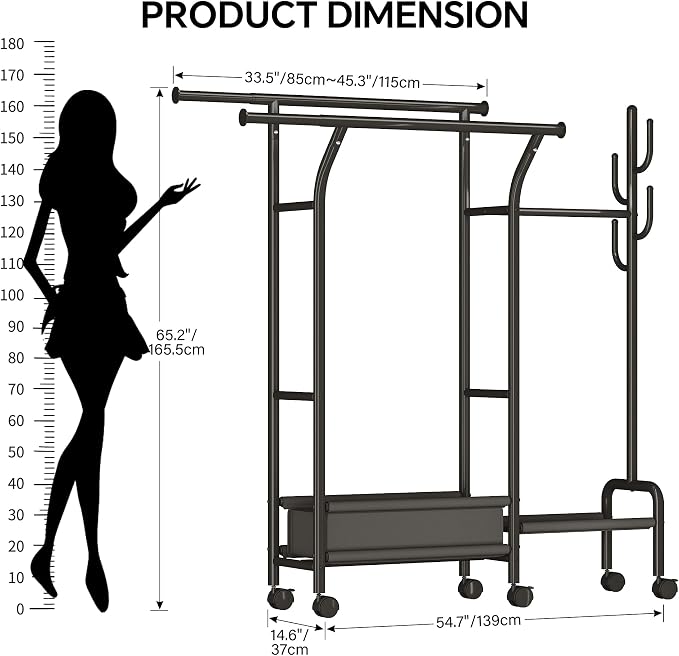 Homeiju Heavy Duty Clothes Rack Load 500LBS, Three Rods Clothing Racks - Image 2