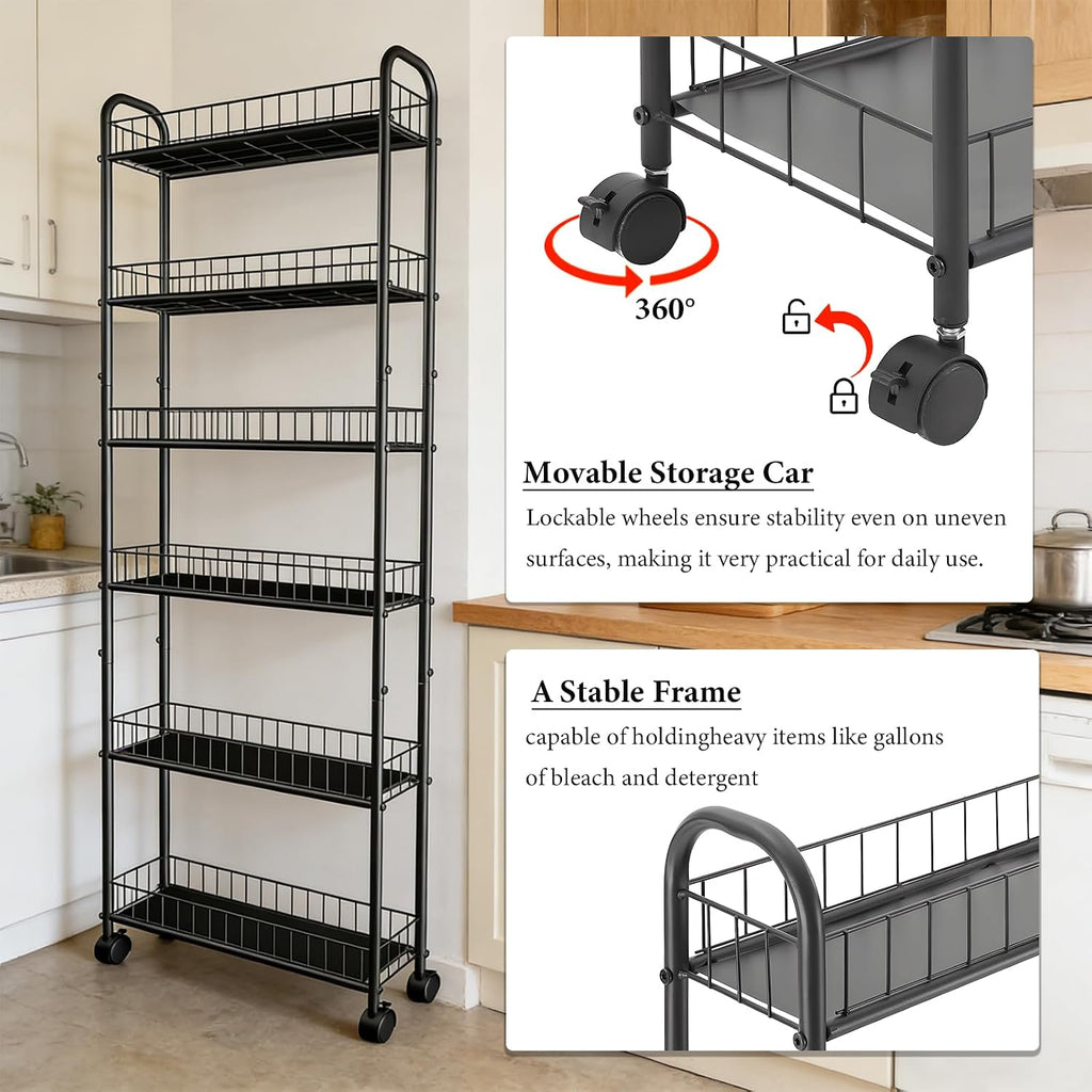 Slim Storage Cart with Wheels, Metal 6-Tier 6in Black Narrow Rolling
