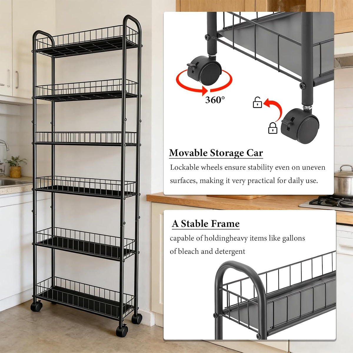 Slim Storage Cart with Wheels, Metal 6-Tier 6in Black Narrow Rolling