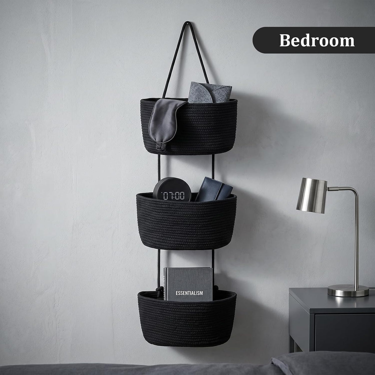 Over the Door Hanging Storage Basket, 3 Tier Wall Organizer Black