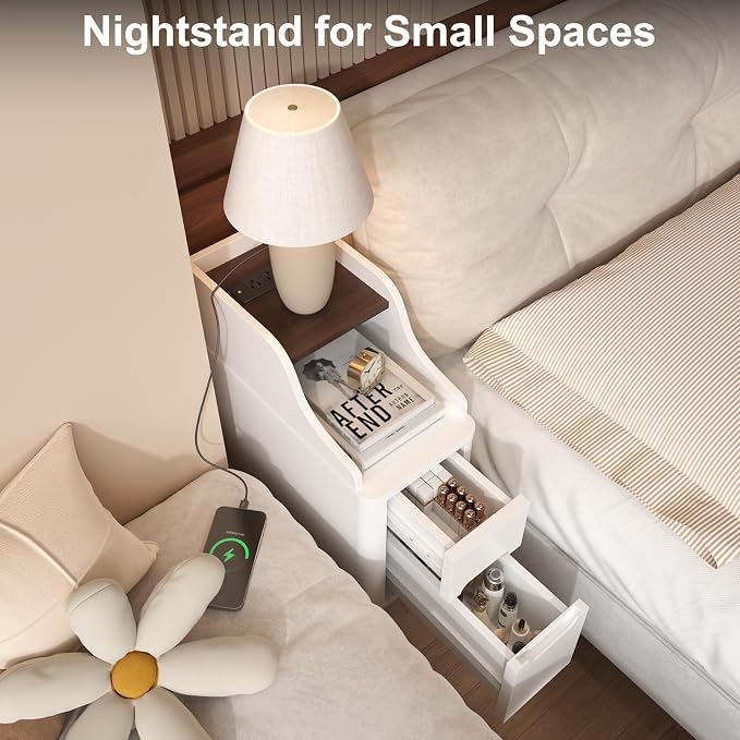 Narrow Nightstand with Drawers, Wood Night Stand with Charger Station, Narrow - Image 4