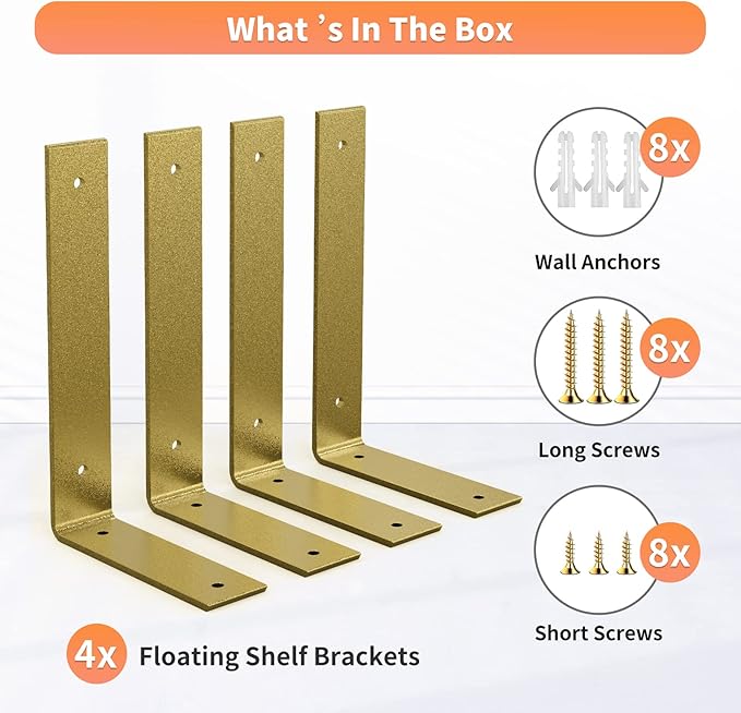 Gold Heavy Duty Shelf Brackets 8 Inch, Extra Thick L Shelving Brackets - Image 8