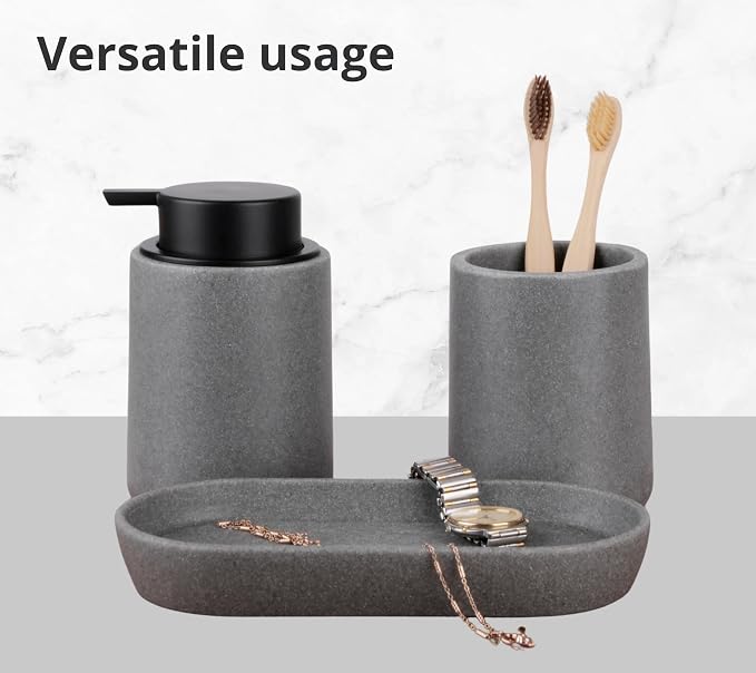 Grey Bathroom Accessories Set, Sandstone Look Soap Dispenser - Image 4