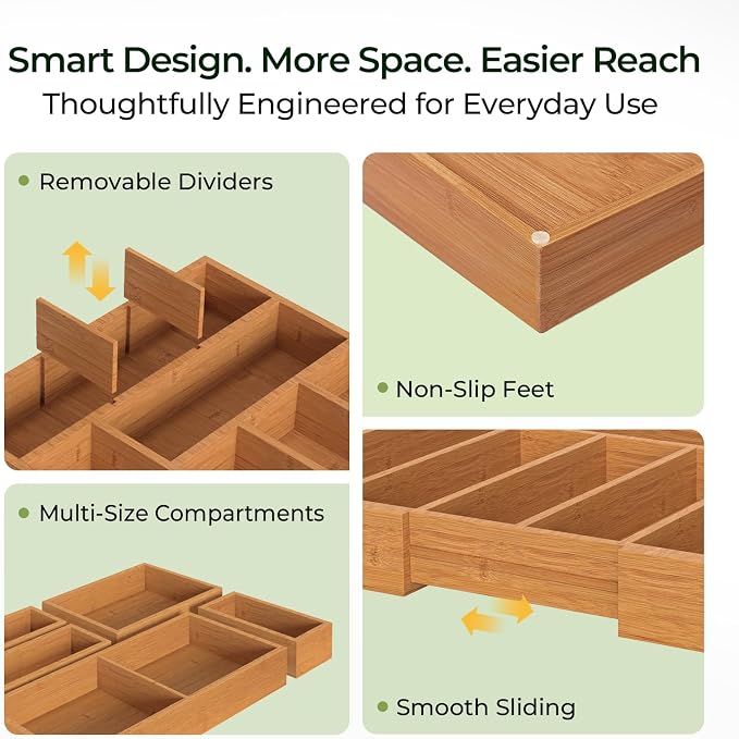 6-Piece Bamboo Drawer Organizer Set, 2.2" Deep Multi-Use Organizers - Image 5