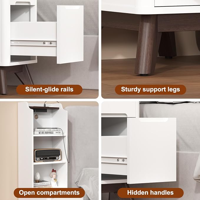 Tall Nightstand with Charging Station, Narrow Side Table with Bookshelf - Image 5