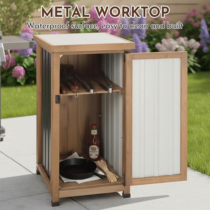 Outdoor Storage Cabinet with Metal Worktop, Fir Wood Frame & Adjustable Shelf - Image 6