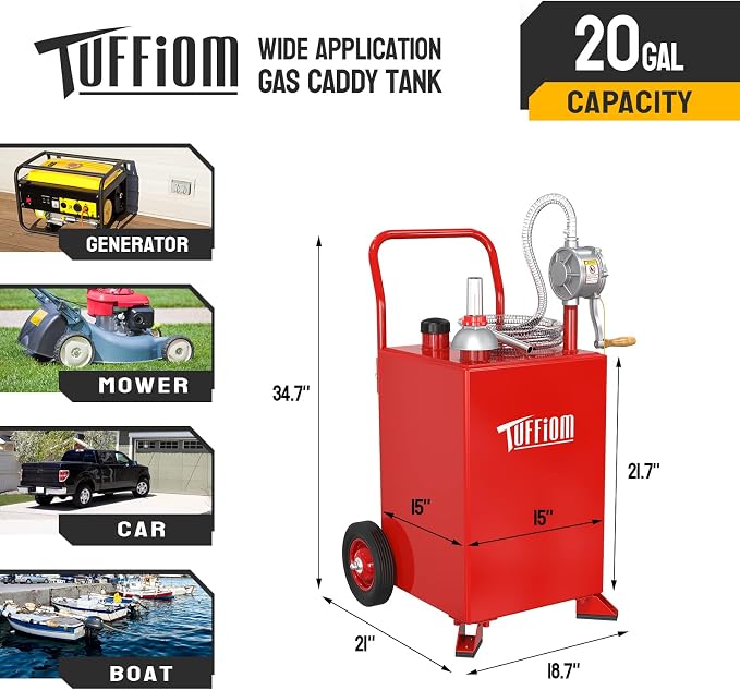 TUFFIOM 20 Gallon Fuel Gas Caddy w/Wheels & Manual Siphon Pump, Portable Diesel - Image 6