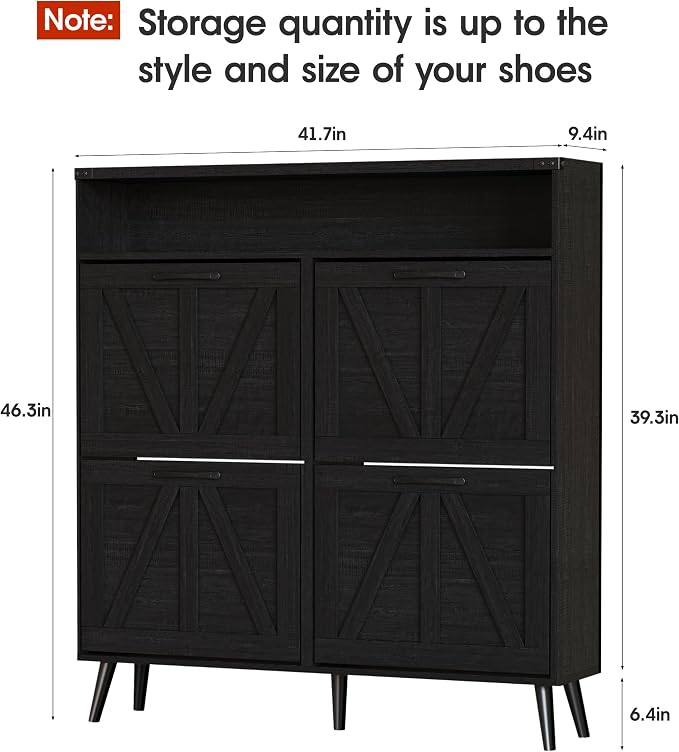Shoe Cabinet with 4 Flip Drawers, Farmhouse Shoe Storage Cabinet - Image 2