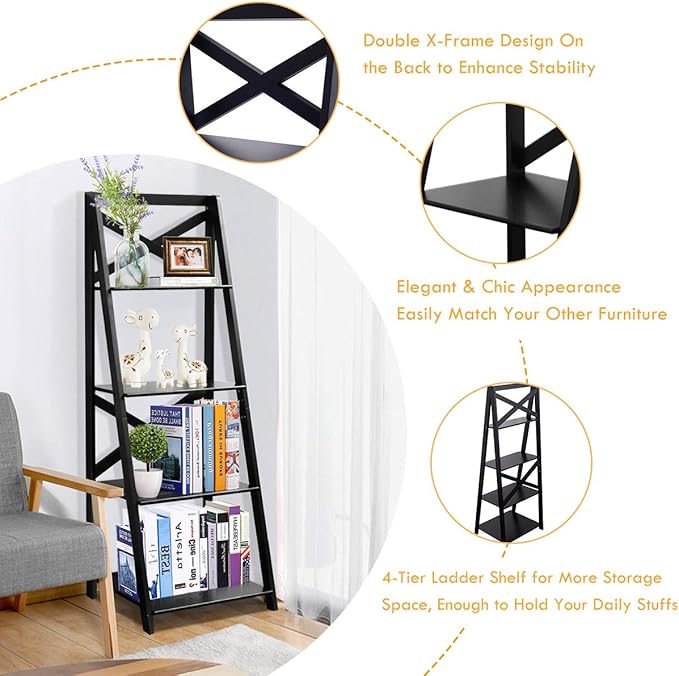 Tangkula 4-Tier Ladder Shelf Bookcase Leaning Free Standing Wooden Frame Decor - Image 8