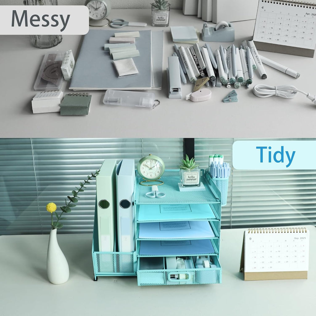Desk Organiser with 2 Pack Magazine File Holder, 5-Tier Paper Tray