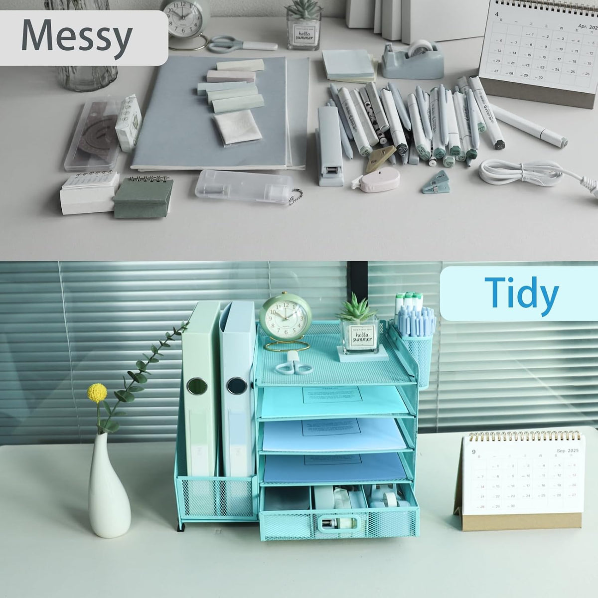 Desk Organiser with 2 Pack Magazine File Holder, 5-Tier Paper Tray