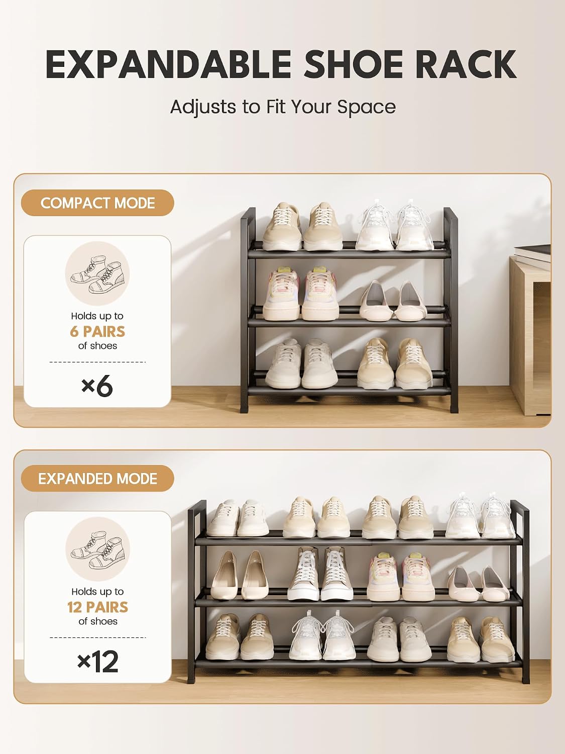 3 Tier Expandable Shoe Rack for Closet, Black