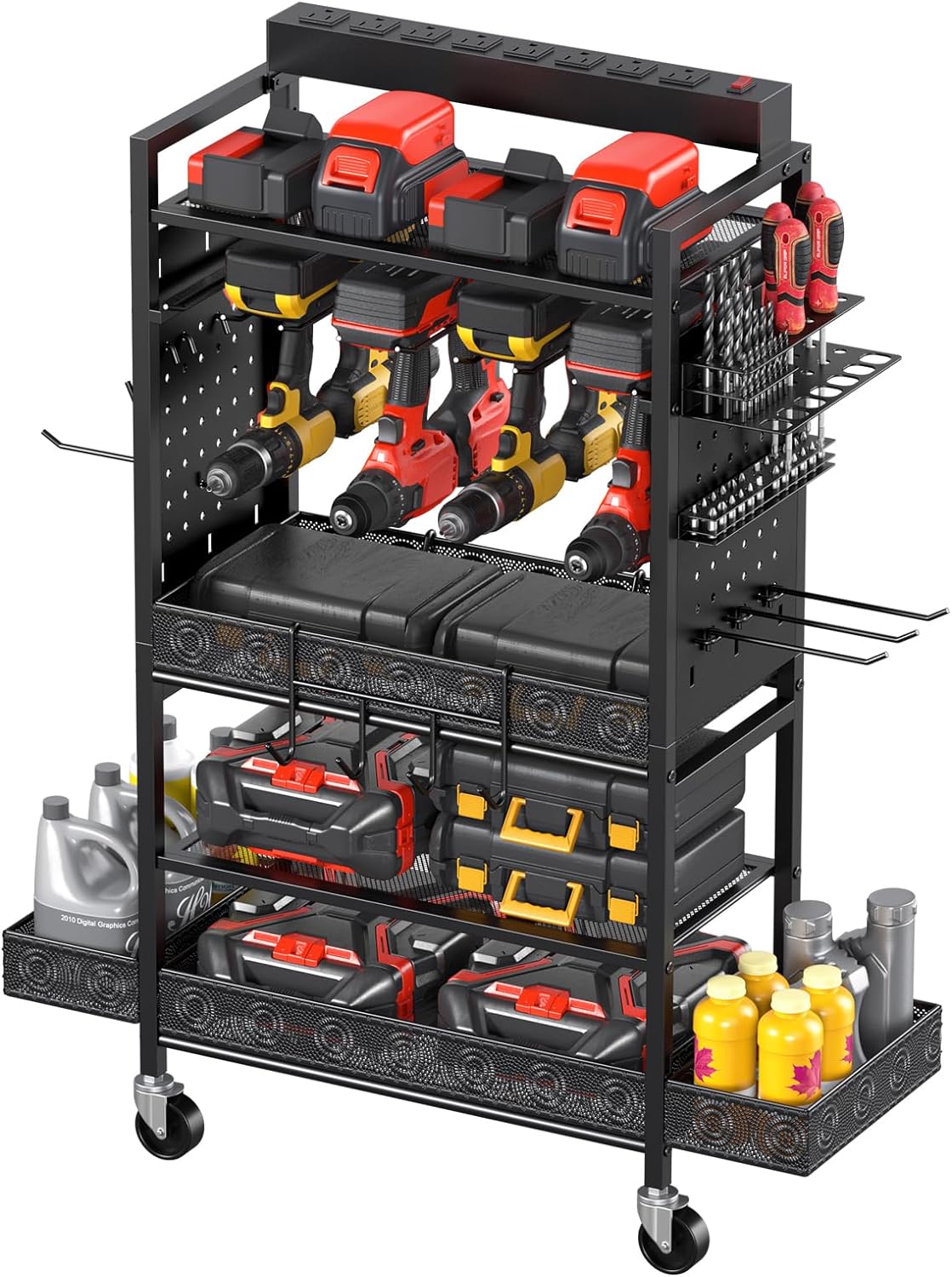 CCCEI Garage Power Tools Organizer Cart with Charging Station, Black