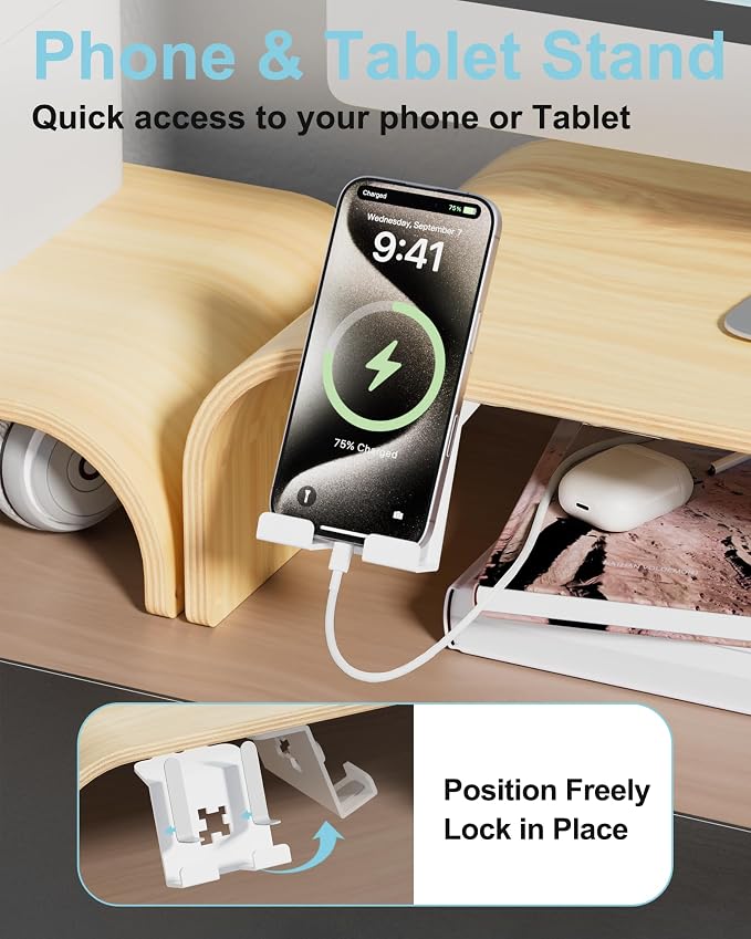 Solid Wood Dual Monitor Stand Riser 2 Tier, 24.1 Inch Desktop Organizer - Image 8
