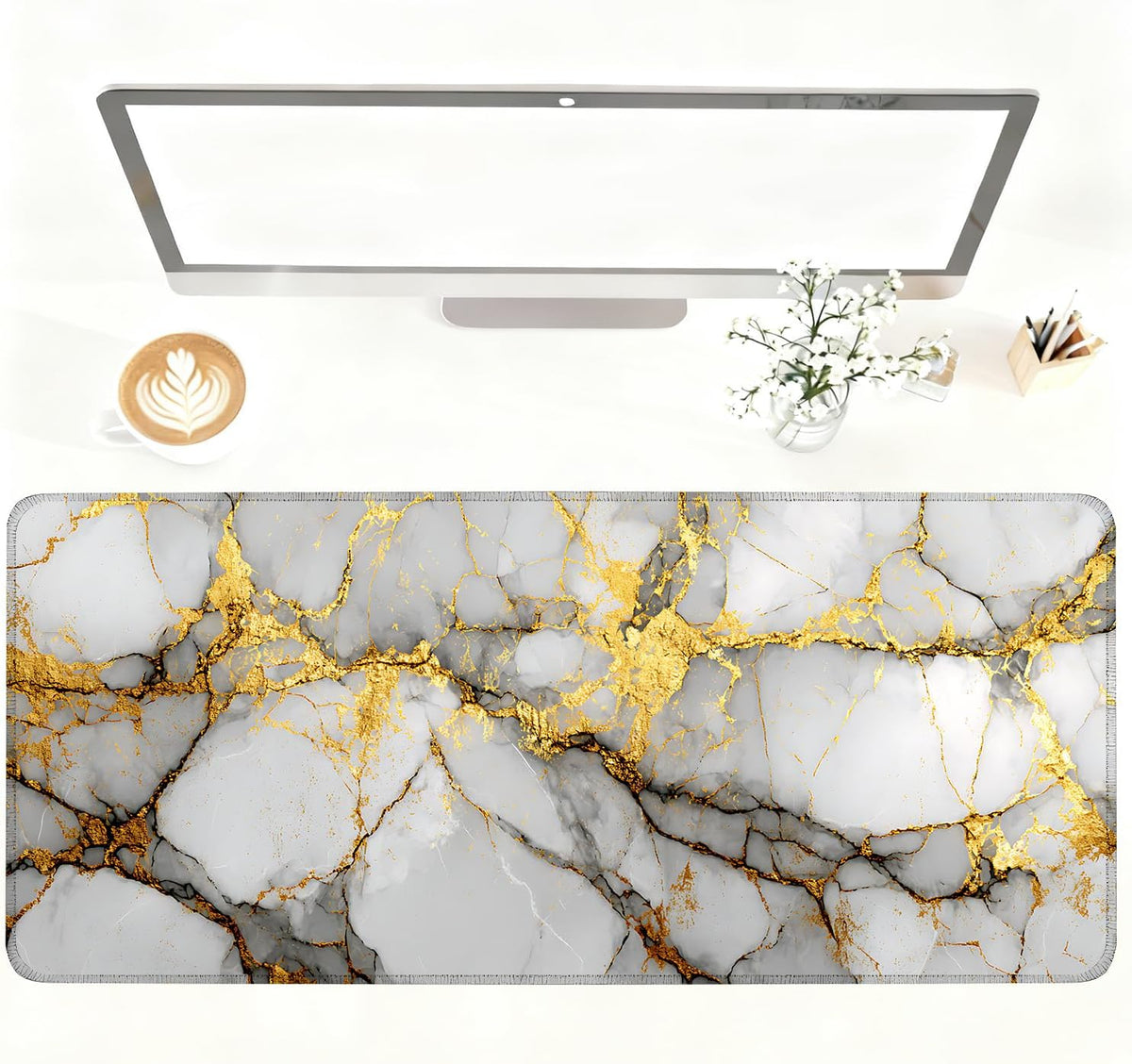 White Marble Mouse Pad – Large Extended Desk Mat 35.43 x 15.75 in