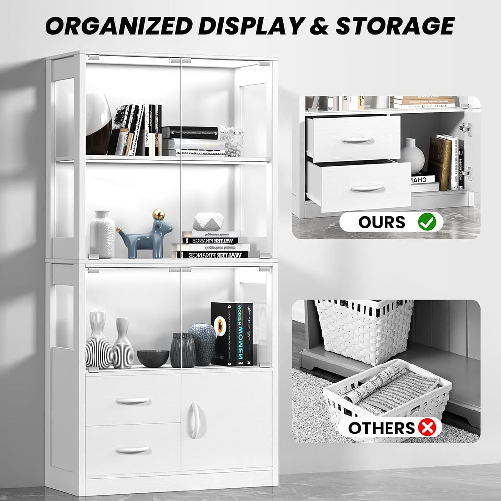 Display Cabinet with Glass Doors and 2 Drawers, 3-Color Lights, White
