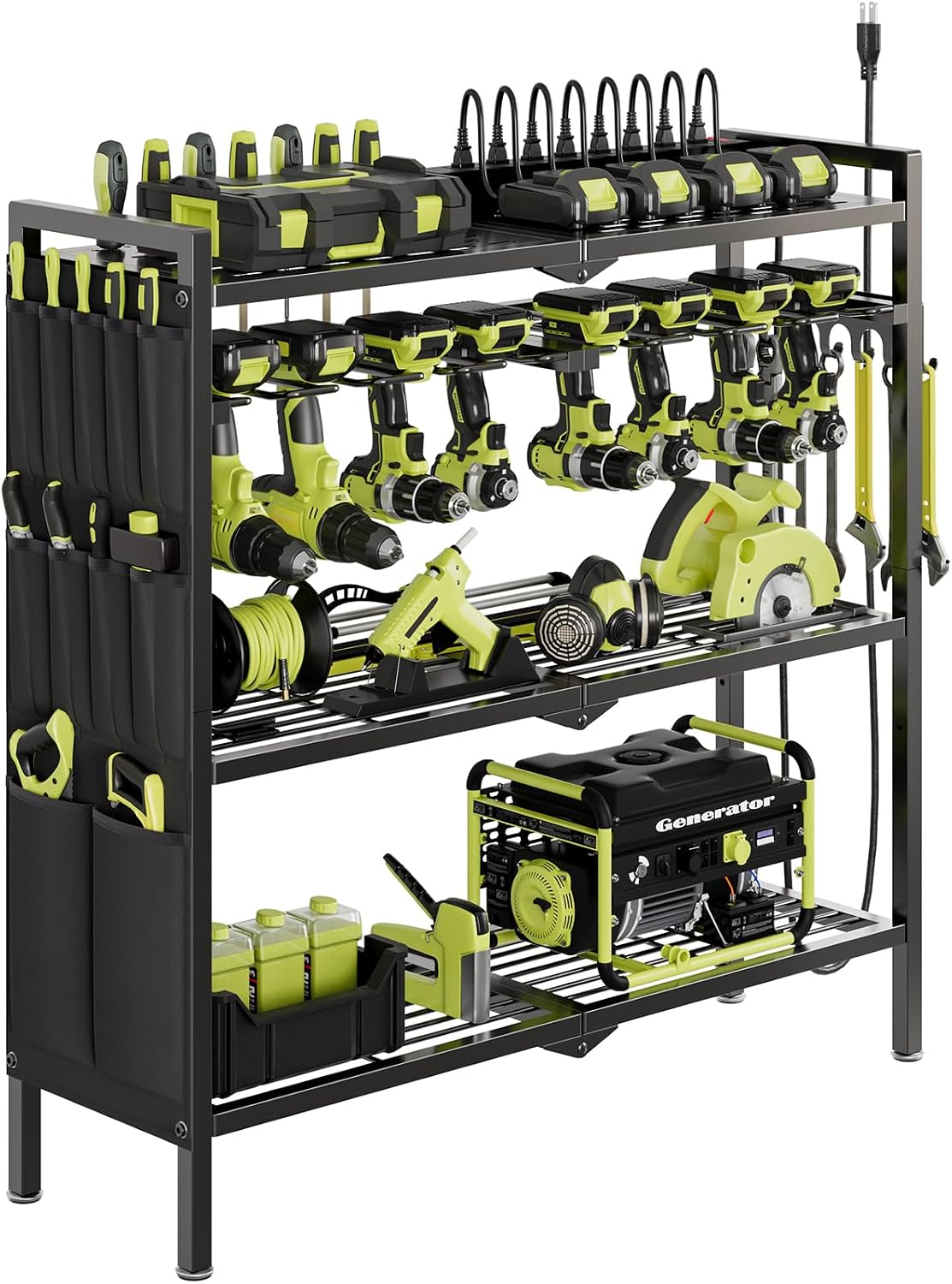Power Tool Organizer Cart with Charging Station, 8 Drills, Black