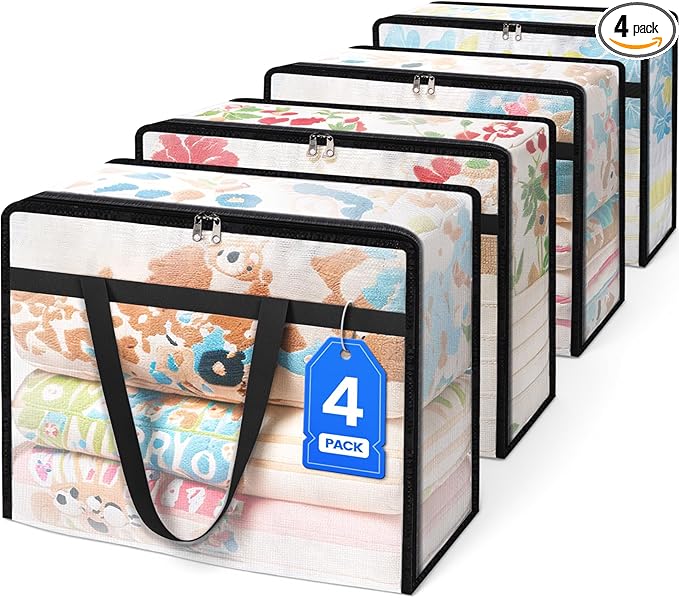 BlissTotes 4 Pack Clear Clothes Storage Bags, Moving Bags, Foldable Blanket by BlissTotes