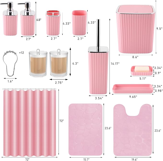 Bathroom Set with Shower Curtain and Rugs- 25PC Pink Bathroom Accessories - Image 2