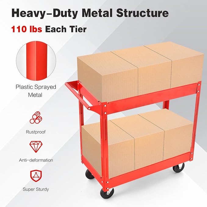 Goplus 2-Tier Utility Cart, Heavy Duty Commercial Service Tool Cart w/Handle - Image 2