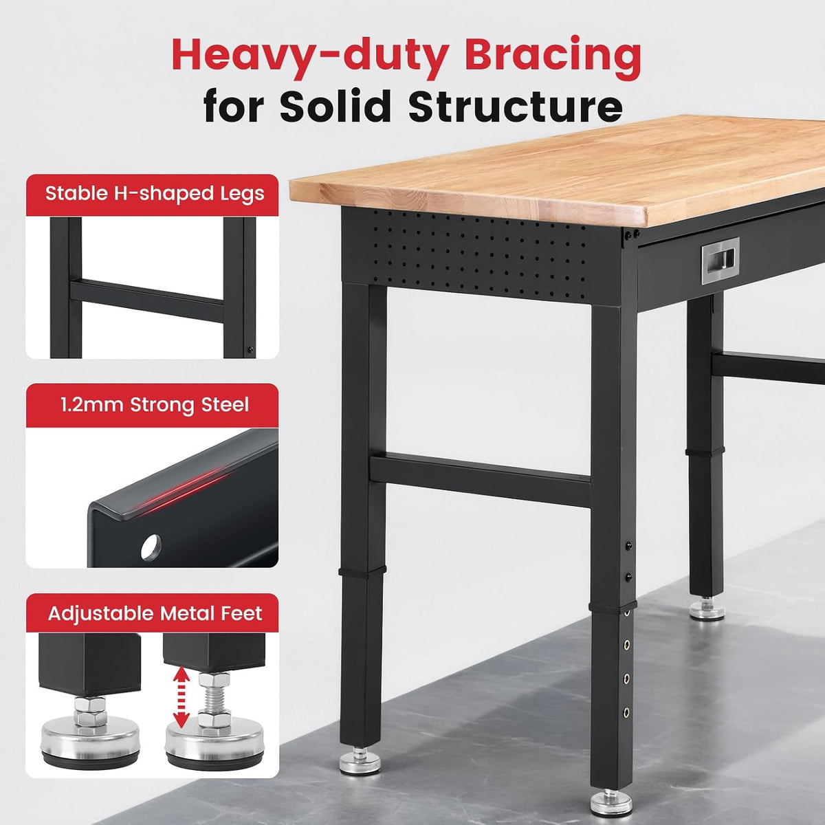48" Adjustable Height Workbench with Drawers, Rubberwood Top