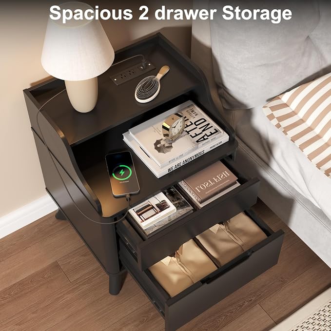 Nightstand with Charging Station, Wood Night Stand with Hidden Handle - Image 4