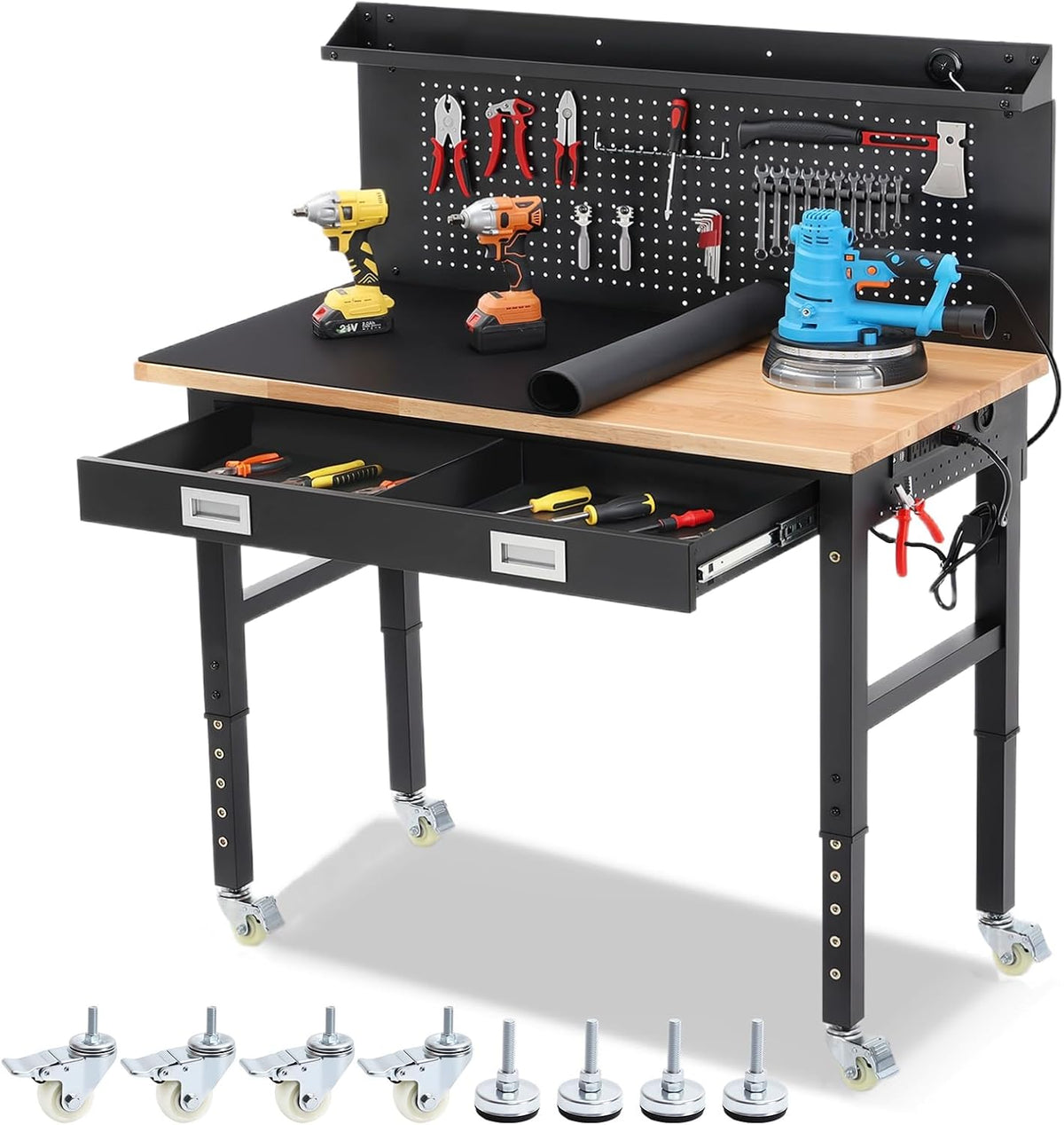 48" Heavy Duty Rolling Workbench with Drawers & Pegboard