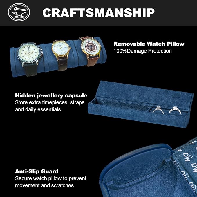 DUKWIN Watch Roll for 3 Watches, Vegan Leather Travel Watch Case Organizer - Image 3