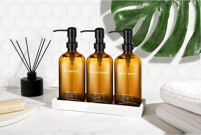 Amber Glass Shampoo and Conditioner Dispenser Set – Refillable 16 OZ Bottles - Image 2