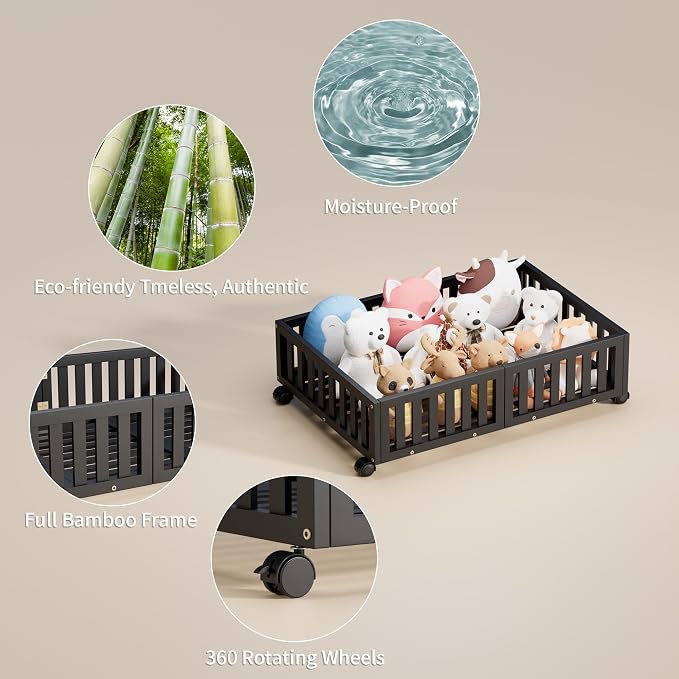 Bamboo Under Bed Storage with Wheels, Rolling Underbed Shoe Organizer Box - Image 3