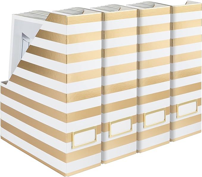 BLU MONACO Set of 4 Gold & White Striped Magazine File Boxes | Foldable by Blu_Monaco