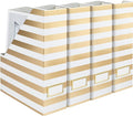 BLU MONACO Set of 4 Gold & White Striped Magazine File Boxes | Foldable by Blu_Monaco