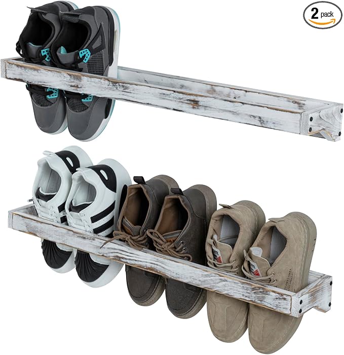 MyGift 30 Inch Shabby White Washed Solid Wood Wall Mounted Shoe Hanger Storage by MyGiftHome