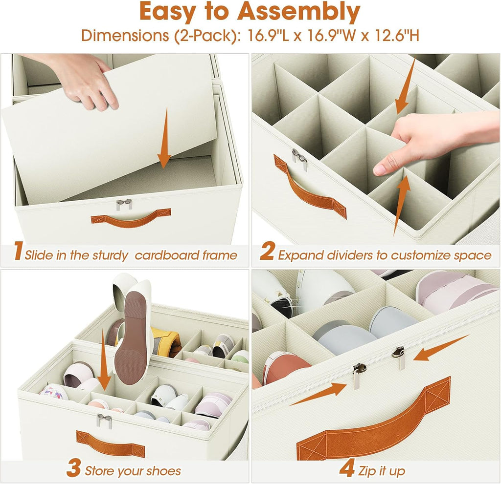 Shoe Organizer for Closet, 2-Pack Foldable Shoe Storage Box with