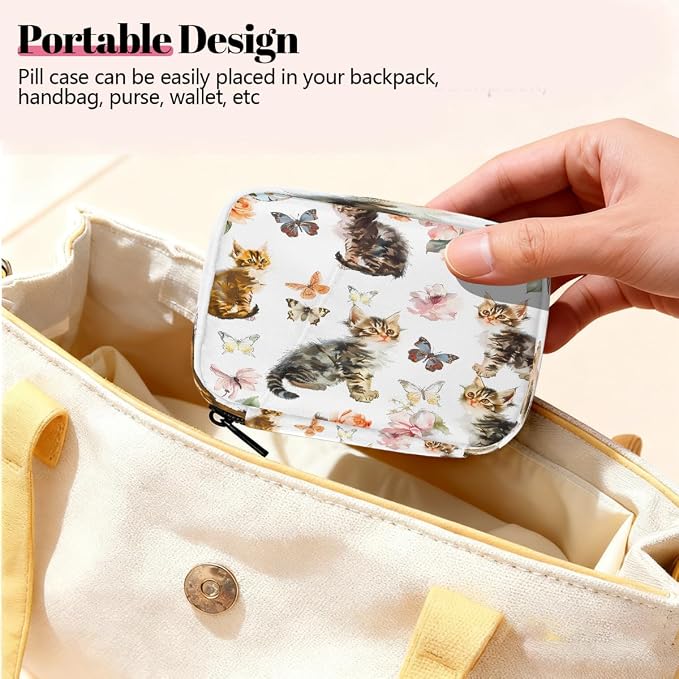 Watercolor Cute Cats Butterflies Pill Organizer Travel Medicine Case - Image 6