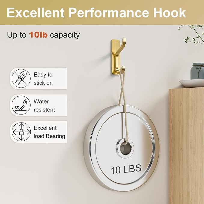 pickpiff Adhesive Wall Hooks for Hanging Towels: Brushed Gold Stainless Steel - Image 4