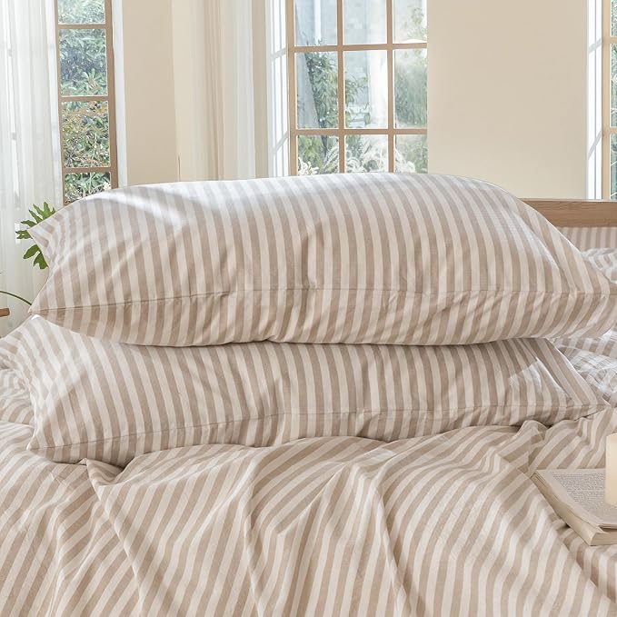 MooMee Bedding Pillowcases Striped Pack of 2 100% Washed Cotton Linen Like by MOOMEE