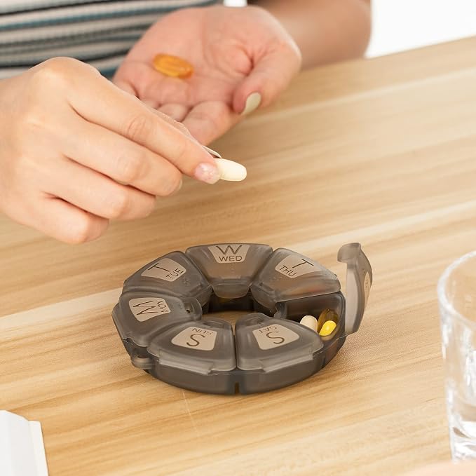 Round Weekly Pill Organizer, TPU Rubberized, Travel Pill Container 7 Day - Image 7