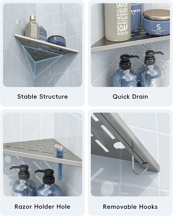 DAYONE 10" Corner Shower Shelf Brushed Nickel, 304 Stainless Steel Slot Design - Image 5