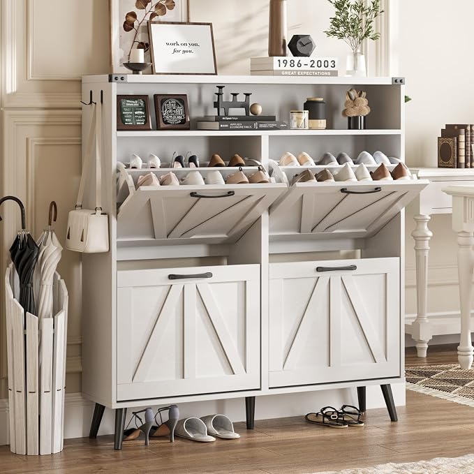 Shoe Cabinet with 4 Flip Drawers, Farmhouse Shoe Storage Cabinet by Halitaa