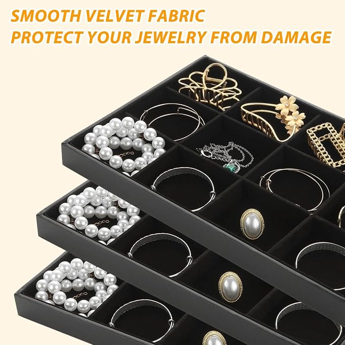 STARVAST 3 Pcs Stackable Velvet Jewelry Organizer Trays, 12 Grids Jewelry - Image 3