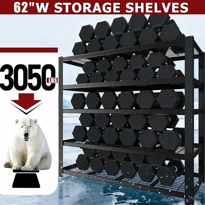 62" W 3050LBS Storage Shelves Unit, 5 Tier Heavy Duty Metal Shelving Unit and - Image 4